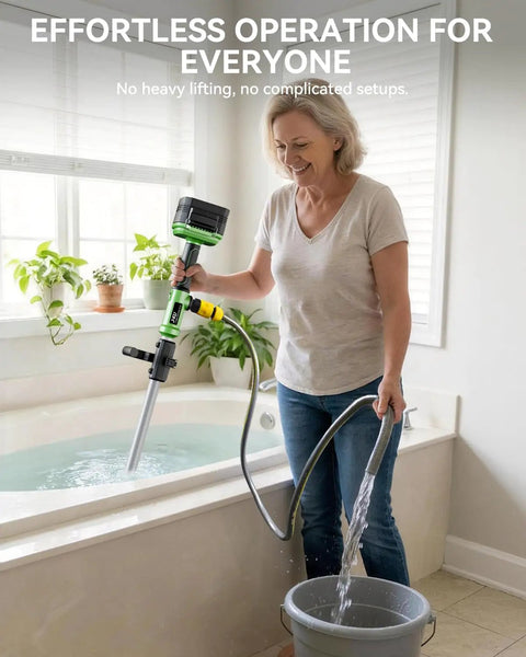 Person using 21V Cordless Water Transfer Pump With Dual 4.0Ah Batteries Portable Submersible Sump Pump 720 GPH for easy bathtub drainage.