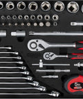 KS TOOLS 149-piece universal toolkit set; 1/4 in and 1/2 in drives with sockets, ratchets, wrenches, bits, and case.