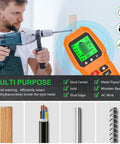 Man using Wall Stud Finder Scanner LCD Display Electric Portable for accurate location of studs and pipes.