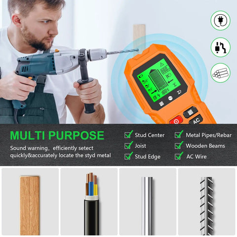 Man using Wall Stud Finder Scanner LCD Display Electric Portable for accurate location of studs and pipes.