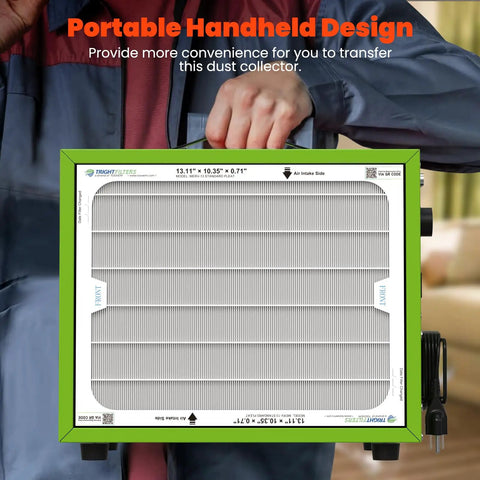 Person holding a portable Tabletop Dust Collector For Woodworking Portable Air Filtration System With Timer Function