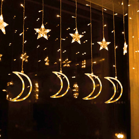 Ramadan Curtain Fairy Lights With Remote, 138 LED 8.2ft By 3.2ft Star And Moon Shaped String Lights in warm white glow