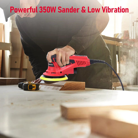 Heavy Hitter Electric Random Orbital Sander With 350W Brushless Motor And 10000 RPM For Quick Woodworking Carpentry Polishing Delivers Glassy Smooth Finishes Every Session Comes Loaded With 12 Premium Grit Sanding Papers Shop Tough Build