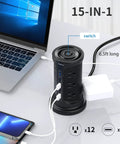 12 Outlets Tower Power Strip Surge Protector With 3 USB Ports Six And A Half Feet Cord Wall Mountable Power Hub in use.