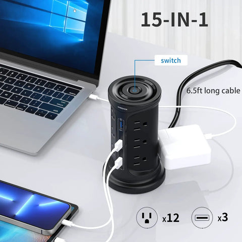 12 Outlets Tower Power Strip Surge Protector With 3 USB Ports Six And A Half Feet Cord Wall Mountable Power Hub in use.