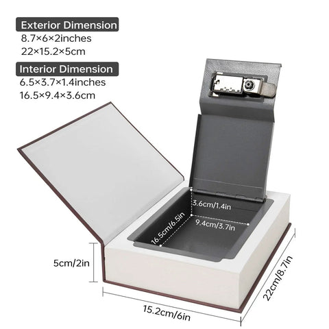 Open Hidden Book Safe with Secret Compartment and Combo Lock, 8.7x6x2 inches, Bible-sized, showing dimensions.