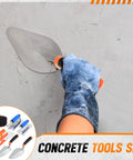 Hand using trowel from 6 Piece Concrete Hand Tools Set With Edger, Groover, Finishing Trowel, Pointing Trowel, Gauging Trowel, And Tool Bag For Cement And Masonry Projects, Beginner Friendly, Durable Stainless Steel on concrete surface.