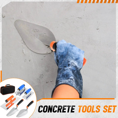 Hand using trowel from 6 Piece Concrete Hand Tools Set With Edger, Groover, Finishing Trowel, Pointing Trowel, Gauging Trowel, And Tool Bag For Cement And Masonry Projects, Beginner Friendly, Durable Stainless Steel on concrete surface.