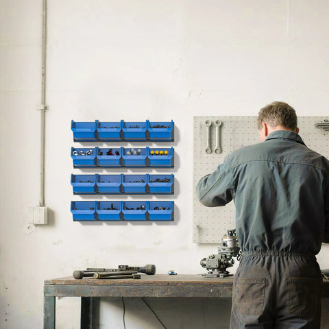 Wall Mounted Storage Bins Kit With 16 Plastic Bins And 4 Rails For Your Garage Tools Keeps Screws Nuts Bolts Nails And Small Hardware Sorted And Easy To Reach Heavy Duty Hanging Organizer System In Bright Blue installed in a workshop.