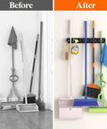 Before and after using Mop and Broom Holder Wall Mount Anti Slip Hanger for Cleaning Supplies Organizer No Fuss Easy Install Hanging Rack for Closet Kitchen Garage with 5 Slots and 6 Hooks Holds Up to 30lbs Black 1 Pack