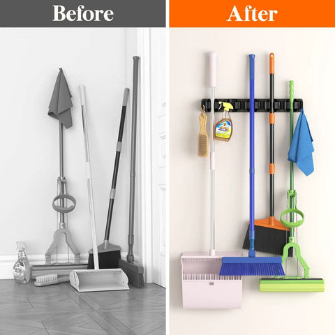 Before and after using Mop and Broom Holder Wall Mount Anti Slip Hanger for Cleaning Supplies Organizer No Fuss Easy Install Hanging Rack for Closet Kitchen Garage with 5 Slots and 6 Hooks Holds Up to 30lbs Black 1 Pack