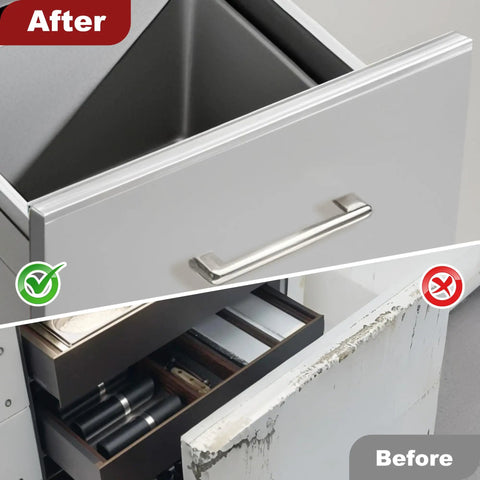 Before and after image showing Four Pack Sleek Cabinet Door Guards protecting cabinetry. 17.76 inch transparent edge guards.