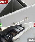 Before and after image showing Four Pack 24 Inch Cabinet Door Edge Guards With Strong Adhesive Strip For Kitchen Cupboards protecting against damage.