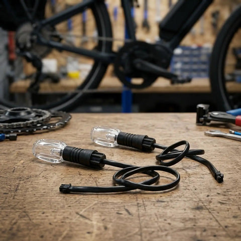 Dope 48V To 72V LED Bike Turn Signals With Bright Orange Amber Bulbs For Scooters And Ebikes That Keep You Safe On The Road With Super Clear Indicators. Two clear-lens ABS bike turn signals with wires on a workbench, for 48V-72V scooters and ebikes