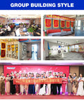 Group Building Style featuring a modern office setup, team collaboration, and a celebration ceremony with a banner.