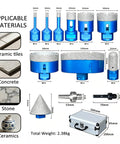 Complete 12 Pc M14 Diamond Core Drill Bit Set For Tile And Marble Plus Granite And Concrete With Angle Grinder Adaptors And Aluminum Case To Get The Job Done Right; 6mm-100mm set