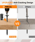 Comparison of FMhotu deck screws with anti-cracking design versus standard screws causing wood cracking.