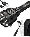 Beast Bright Ultra Long Throw Flashlight With 2000 Lumens And A 1093 Yard Reach, USB C Rechargeable, Rugged Handheld Searchlight With LumenTac Organizer on white background