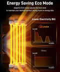 Blazing Warm 1500W Electric Space Heater with visible quartz tubes showing energy-saving eco mode and heat output.