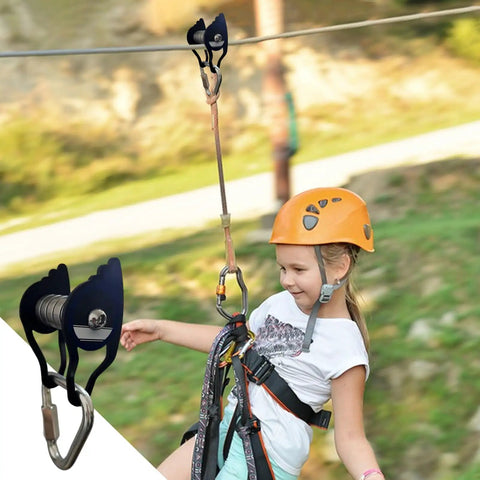 Child using Heavy Duty Zip Line Pulley Kit With Six Steel Rollers For Backyard Adventure, Easy Install, Supports Up To 440 Lbs