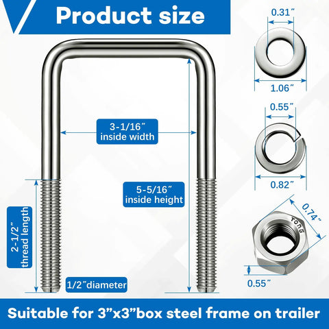 Product size chart of Eight Piece Set Of 304 Stainless Steel Square U Bolts With Washers And Nuts For Boat Trailers Sailboats