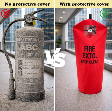 Comparison of fire extinguisher with and without Six Pack Fire Extinguisher Covers For 13 To 20 Lb Units Heavy Duty Thick Protective Sleeves