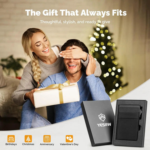 Couple with gift box and Go To Slim Pop Up Card Holder Wallet For Men With RFID Blocking And Money Pocket shown in packaging