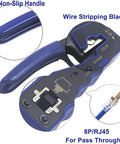 Close-up of RJ45 Pass Through Crimp Tool 3 In 1 with blue ergonomic grip and wire stripping blades, for Cat6A Cat6 Cat5E Cat5 cables.