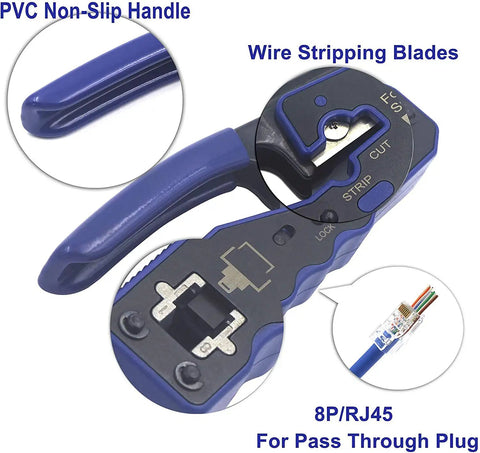 Close-up of RJ45 Pass Through Crimp Tool 3 In 1 with blue ergonomic grip and wire stripping blades, for Cat6A Cat6 Cat5E Cat5 cables.