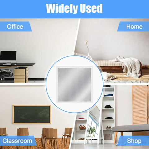 DIY Wall Repair Kit No Pro Needed With 4 Large 12 Inch Self Adhesive Mesh Patches shown in office, home, classroom, and shop settings.