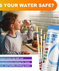 Complete 17 Parameter Drinking Water Test Strips With Two Bacteria Detection Kits For Home Well Tap And Floodwater Testing kit displayed with girl drinking water.