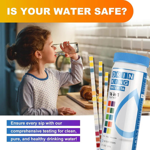 Complete 17 Parameter Drinking Water Test Strips With Two Bacteria Detection Kits For Home Well Tap And Floodwater Testing kit displayed with girl drinking water.