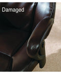 Damaged leather chair armrest needing Restor It Quick Leather And Vinyl Repair Kit No Heat Fix For Burns Holes And Rips