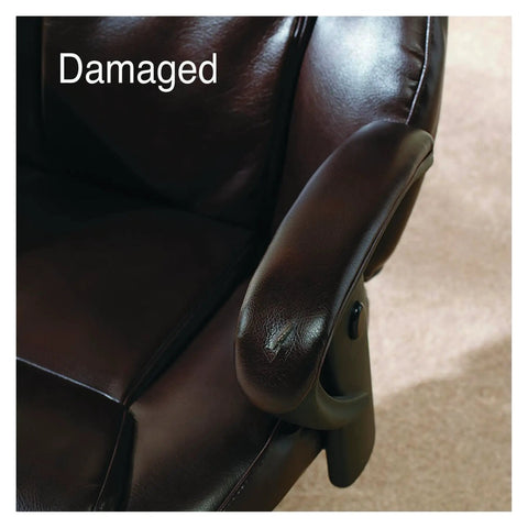 Damaged leather chair armrest needing Restor It Quick Leather And Vinyl Repair Kit No Heat Fix For Burns Holes And Rips
