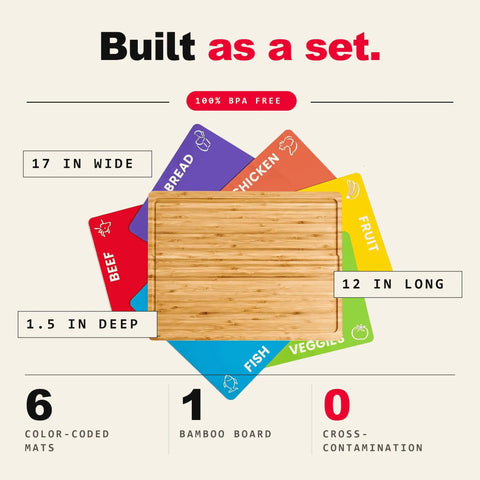 Image of Top Shelf Bamboo Cutting Board Set With Six Color Coded Flexible Mats For Effortless Meal Prep, 17x12 inch.