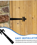 Garage door hinge, black iron strap, mounted on light wood door.