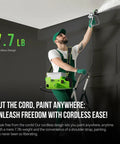 Man using Heavy Duty 500W Cordless Airless Paint Sprayer With Dual 4000 mAh Batteries And 1.7L Tank on a ladder to paint ceiling.