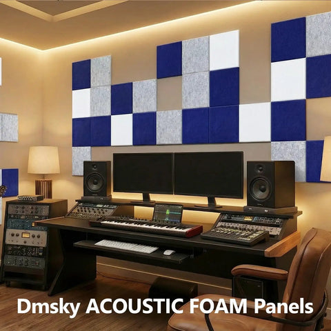 Heavy Hitter Acoustic Wall Panels 12 By 12 Inches White Sound Absorbing Tiles on studio wall for soundproofing.