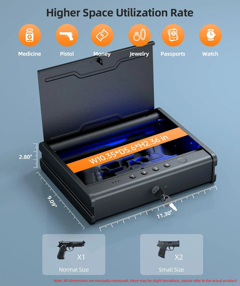 Biometric Pistol Safe With Quick Access Fingerprint, Voice Guided Navigation, Interior Light, open showing dimensions and space usage