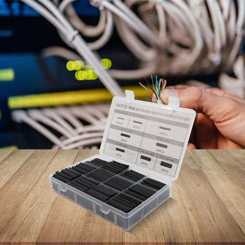 This Awesome 650 Piece Heat Shrink Tubing Kit With 2 To 1 Ratio Delivers Super Secure Wire Wraps That Stick Tight And Won't Slip Even In Hot Or Cold Temps Plus The Massive Assortment Covers All Your Electrical Projects No Matter How Big Or Small They. 650-piece black PE heat shrink tubing kit in organizer box, used for wire repair