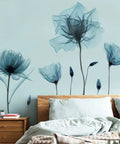 Bedroom scene with Blue Flower Wall Decals Peel And Stick Removable Die Cut Vinyl Murals on wall above bed.