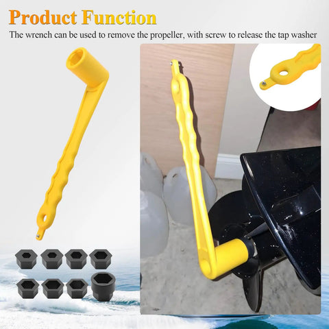 Yellow Universal Prop Wrench Kit With Floating Propeller Wrench And Nine Socket Sizes shown on boat motor.