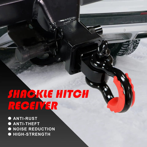 Close-up of Shackle Hitch Receiver Two Inch With Three Quarter Inch D Ring Shackle and Five Eighth Inch Lock on vehicle rear.