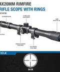 4x20 Rimfire Riflescope with crosshair reticle, 1/4 MOA clicks, parallax free at 50 yards, three-quarter inch tube, coated optics.