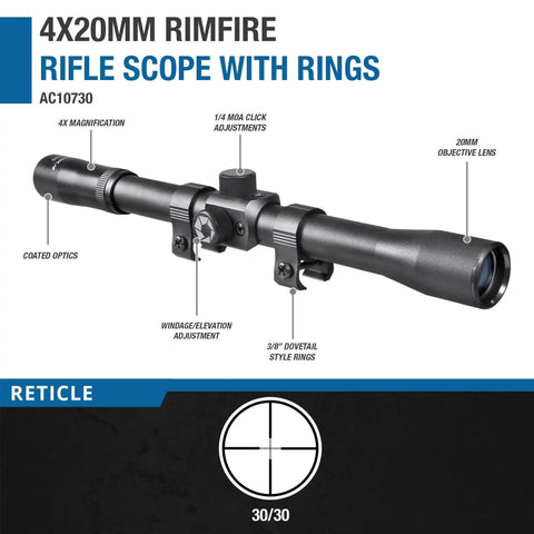4x20 Rimfire Riflescope with crosshair reticle, 1/4 MOA clicks, parallax free at 50 yards, three-quarter inch tube, coated optics.