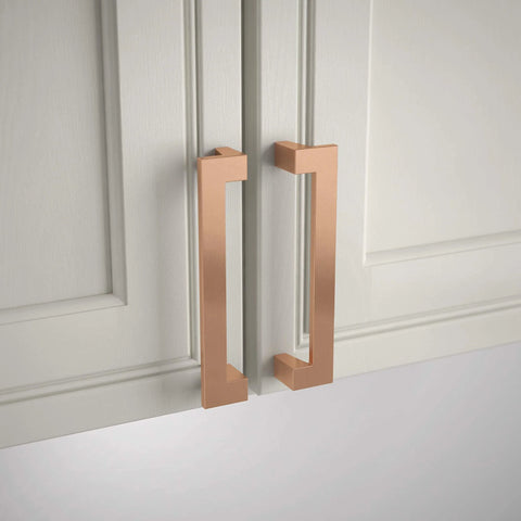 Mirrored Cabinet Handles 10 Pack Center To Center 3 Inch Brushed Copper Kitchen Drawer Pulls For Cabinets And Furniture Dresser Hardware Update Your Kitchen Or Bath Vanities With Durable Modern Styled Handles installed on white cabinets