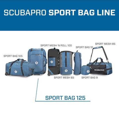 125 Roller Dive Bag With Backpack Straps For Scuba Gear displayed among other denim blue dive bags in a product lineup.