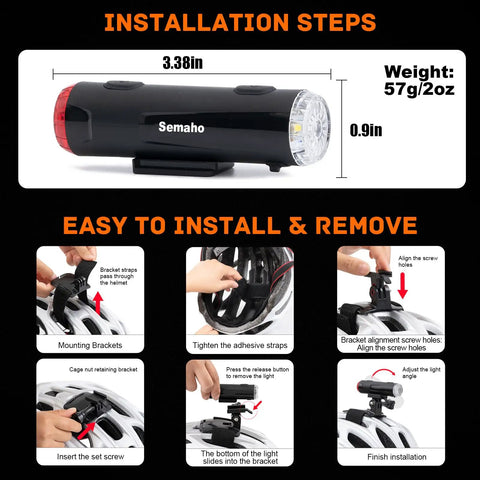 All In One 2 In 1 Rechargeable Helmet Light With Bracket Mount Front And Rear Bike Light 360 Degree Warning Visibility installation