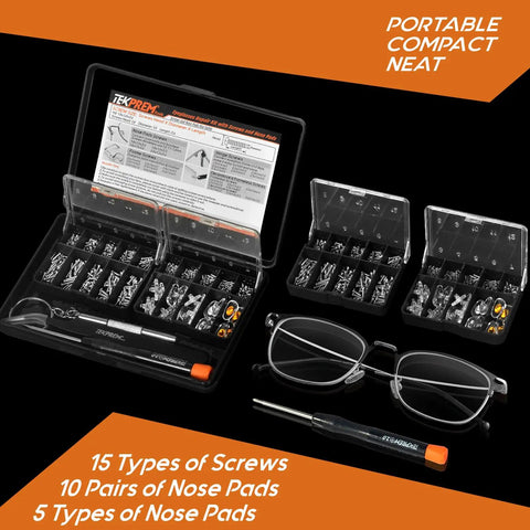 All-In-One Eyeglass Repair Kit With Magnetic Driver, Small Phillips And Flathead Bits, 15 Assorted Screws, 10 Silicone Nose Pads, Curved Tweezers, And Keychain Tool For Glasses And Sunnies On The Go displayed with glasses and screwdriver