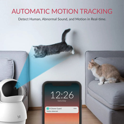 Pan Tilt 360 Degree Indoor Security Camera With Night Vision 1080p Pet Cam detecting cat motion, phone app alert shown.
